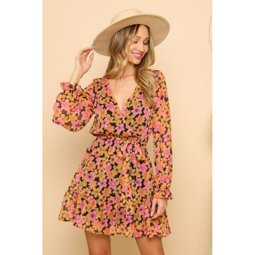 SALE! Peach Love Women Floral Fall Dress Babydoll Pink Orange Flowers D85620-01 - Picture 2 of 10